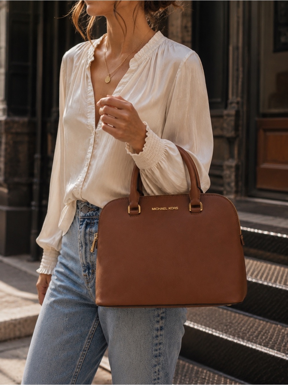 Michael Kors Jet Set Travel Large Dome Satchel Brown Saffiano Leather NWOT